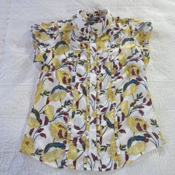 Modcloth Top S Yellow Floral Print Ruffle Retro - Picture 3 of 11